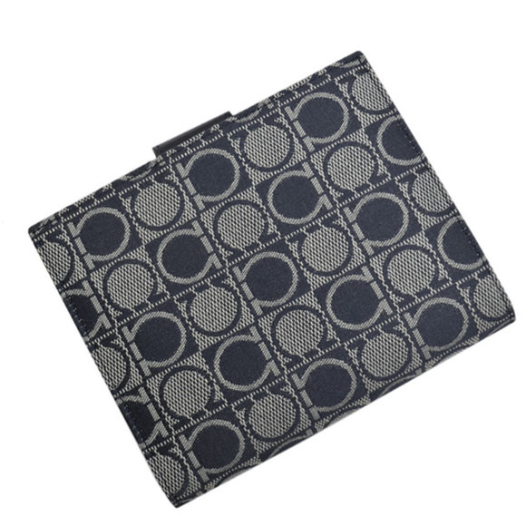 Salvatore Ferragamo Wallet Gancio Navy Gray Canvas Leather Bi-Fold Ladies - Picture 3 of 3